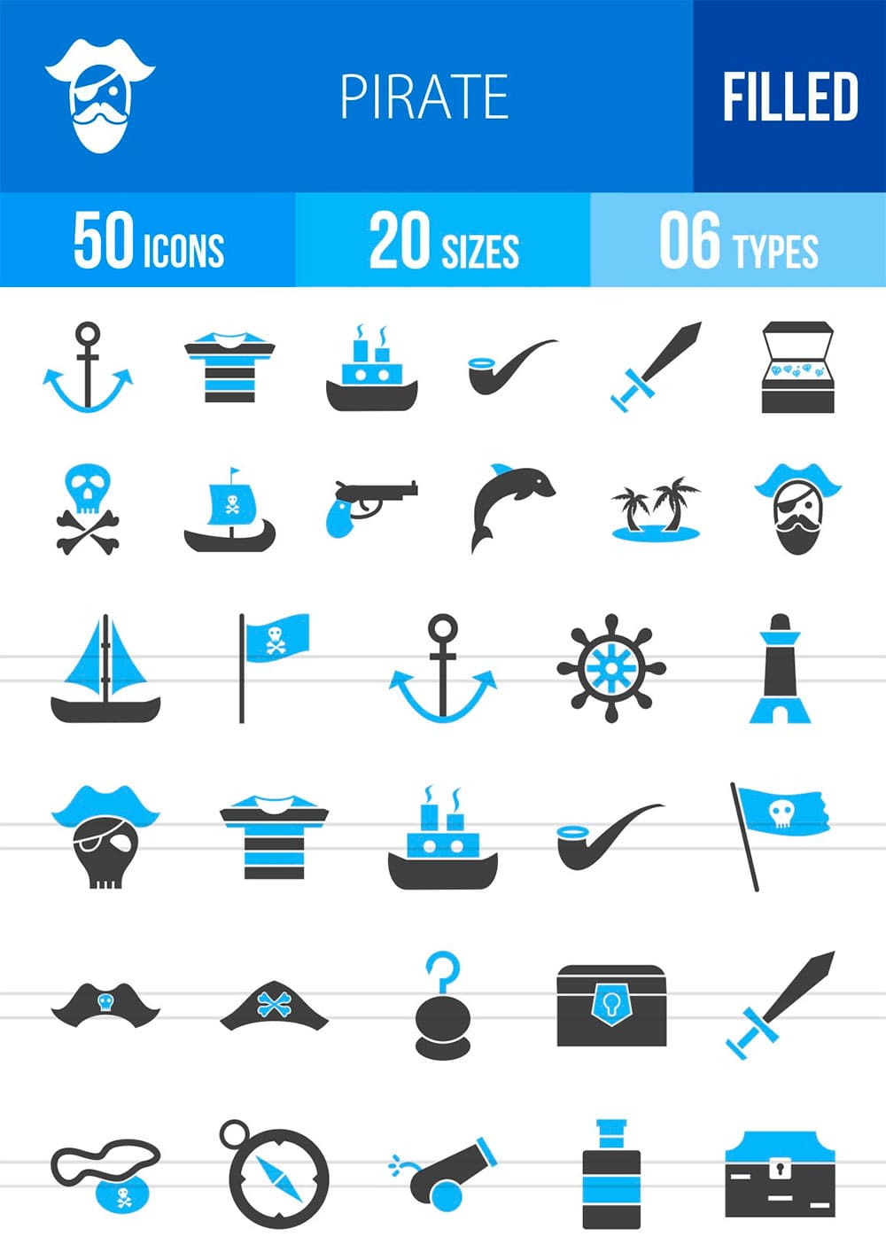 50 pirate blue black icons, picture for pinterest.
