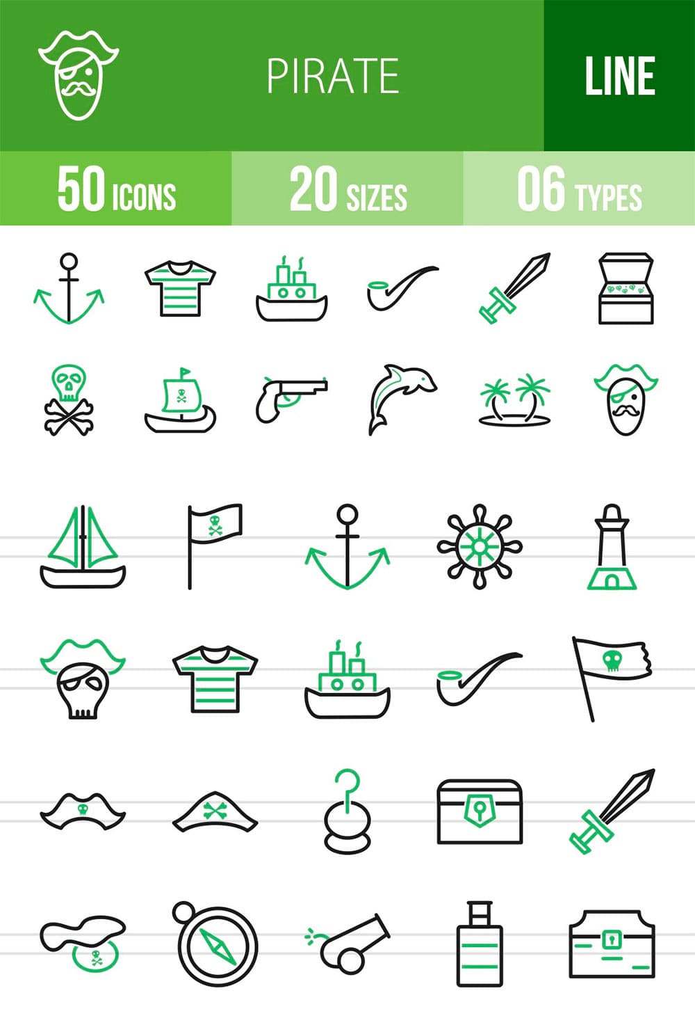 50 pirate line green black icons, picture for pinterest.
