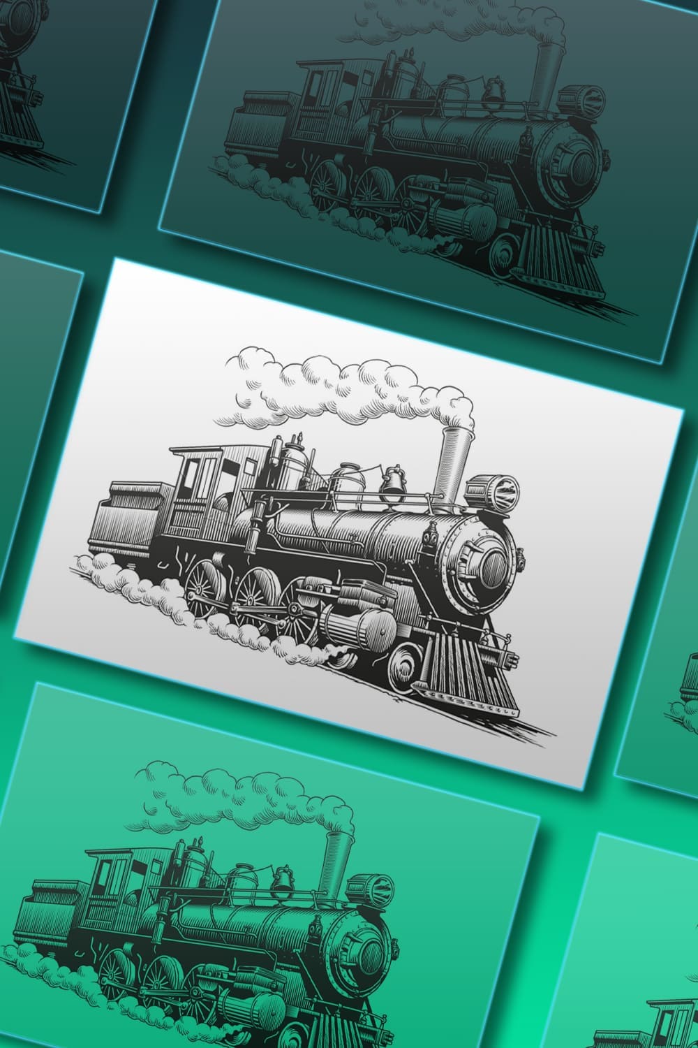 Steam train locomotive engraving, picture for pinterest 1000x1500.