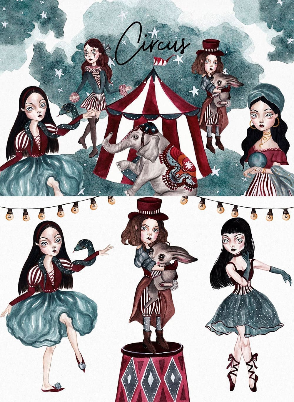 Circus halloween watercolor set, picture for pinterest.