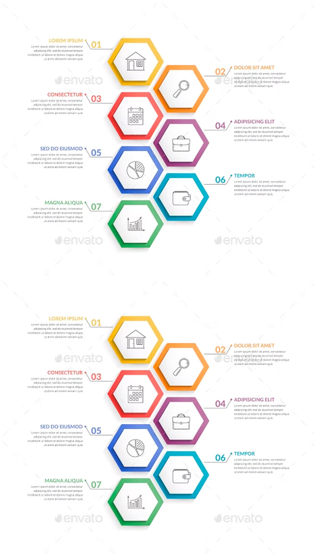 Infographic template with 7 hexagons, picture for pinterest.