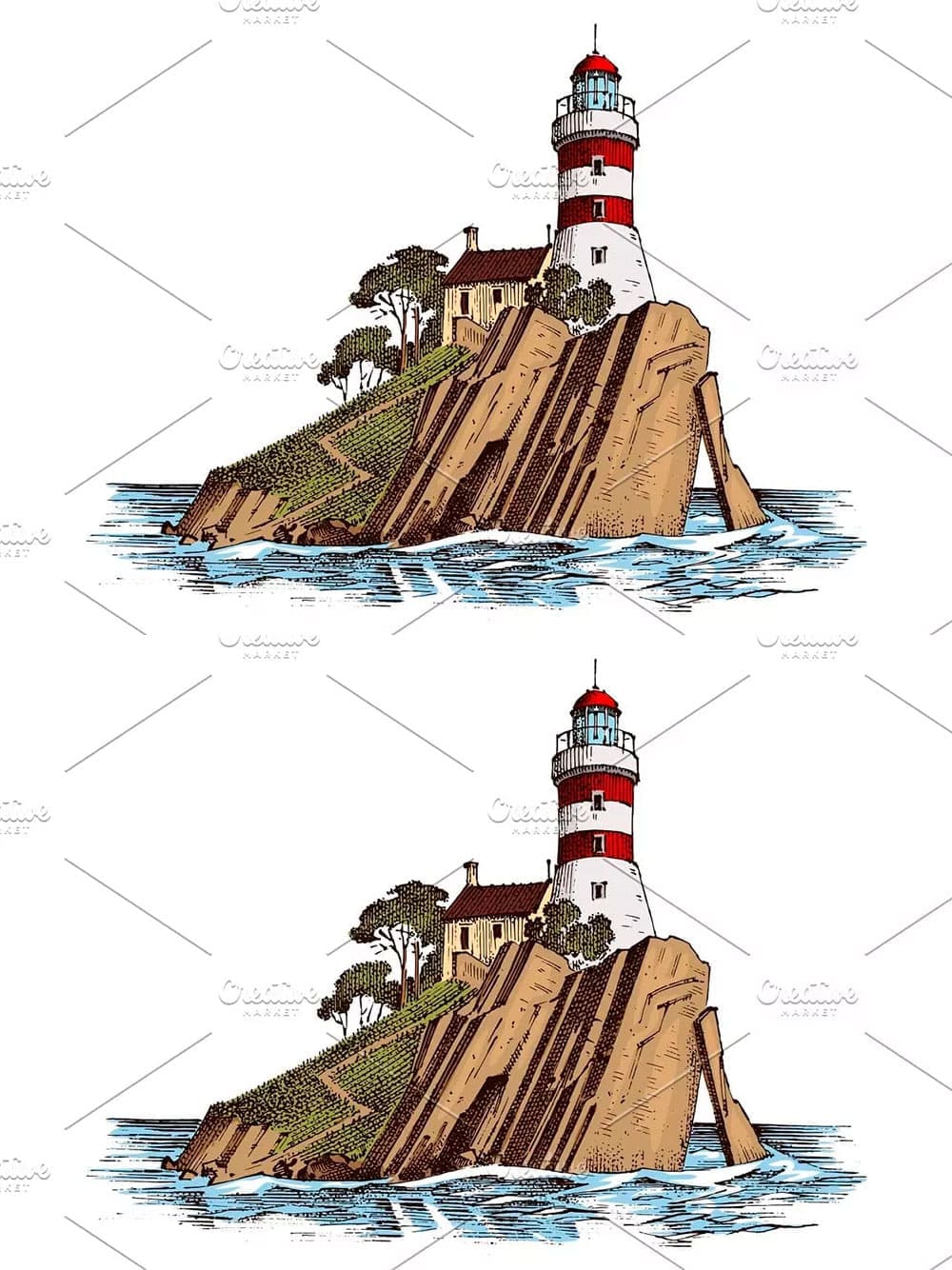 Lighthouse and sea. marine sketch nautical journey and seascape. lighting, picture for pinterest.