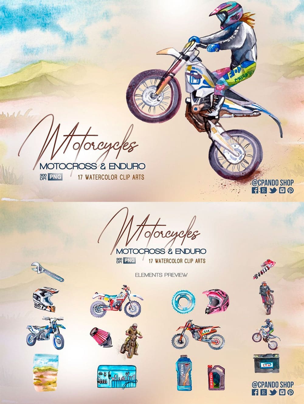 Motorcycle watercolor clipart, picture for pinterest.