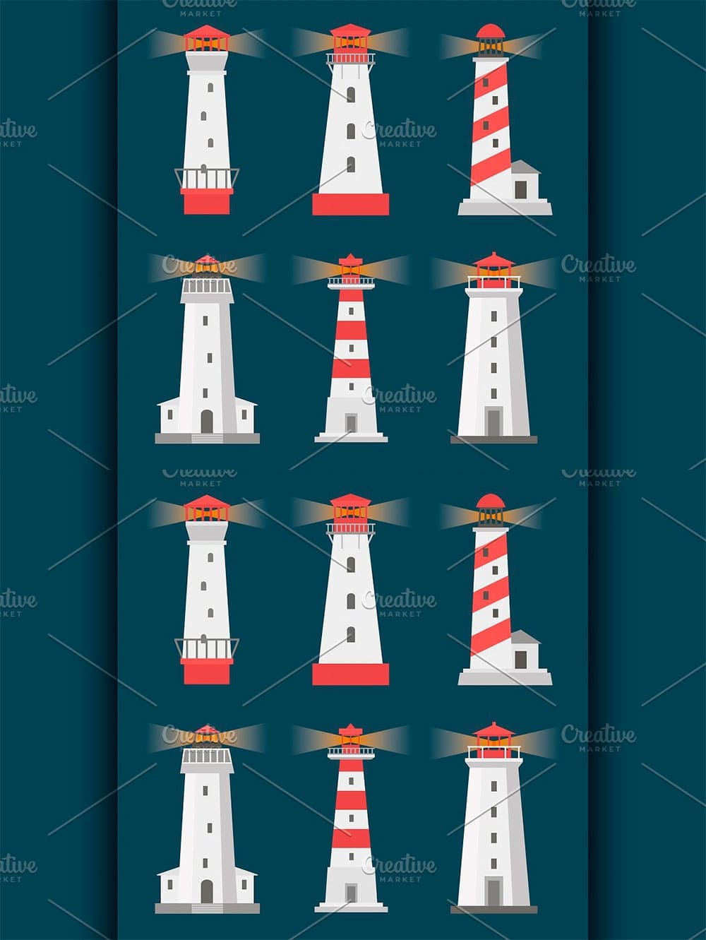 Set of cartoon flat lighthouses, picture for pinterest.