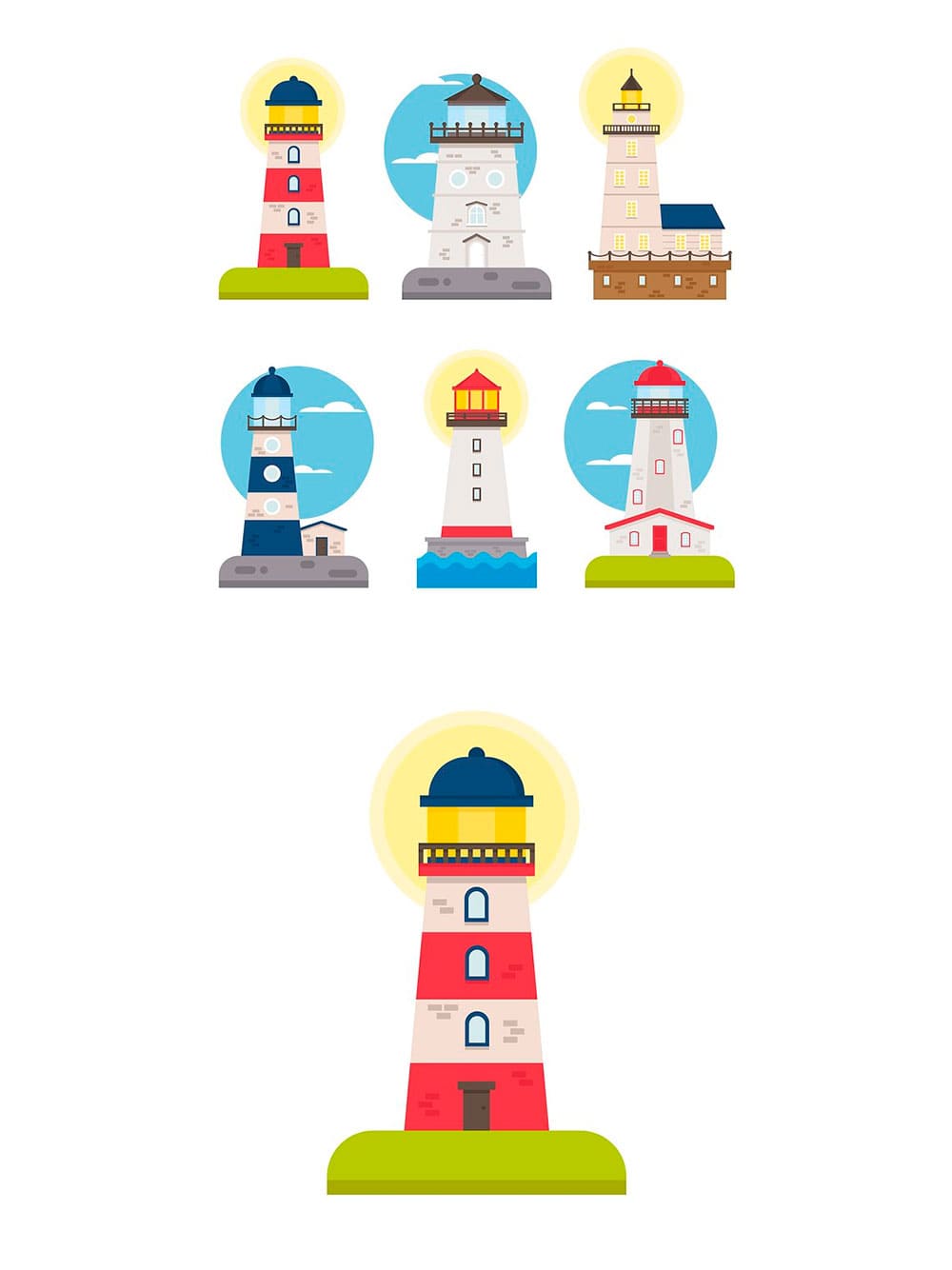 Set of vector flat lighthouses, picture for pinterest.