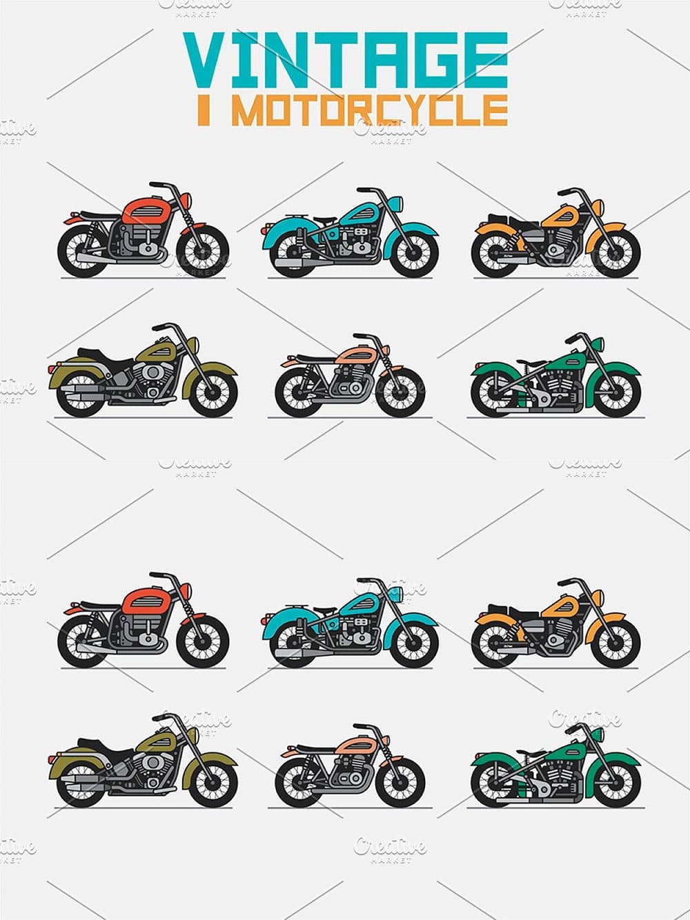 Set vintage motorcycle, picture for pinterest.