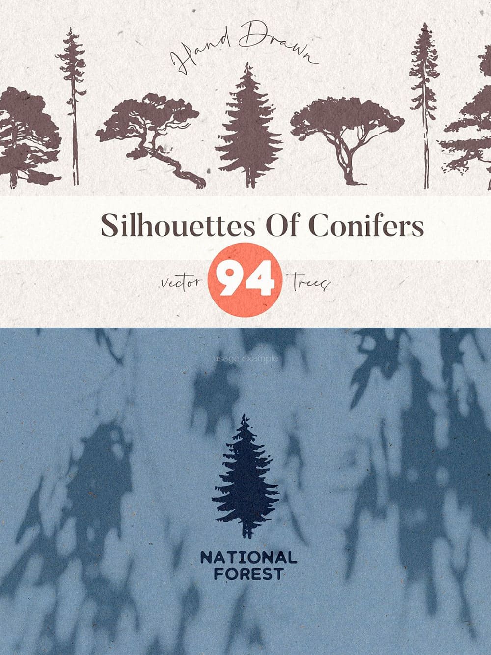 Silhouettes of pine and fir trees, picture for pinterest.