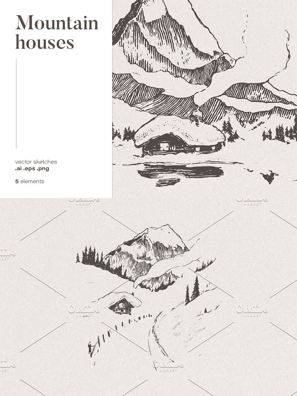 Sketches of snowy mountain houses, picture for pinterest.
