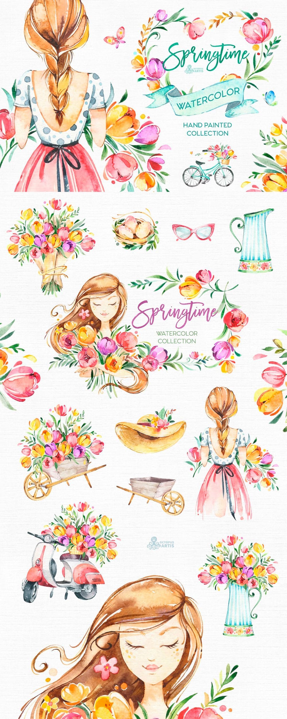 Springtime. watercolor collection, picture for pinterest.