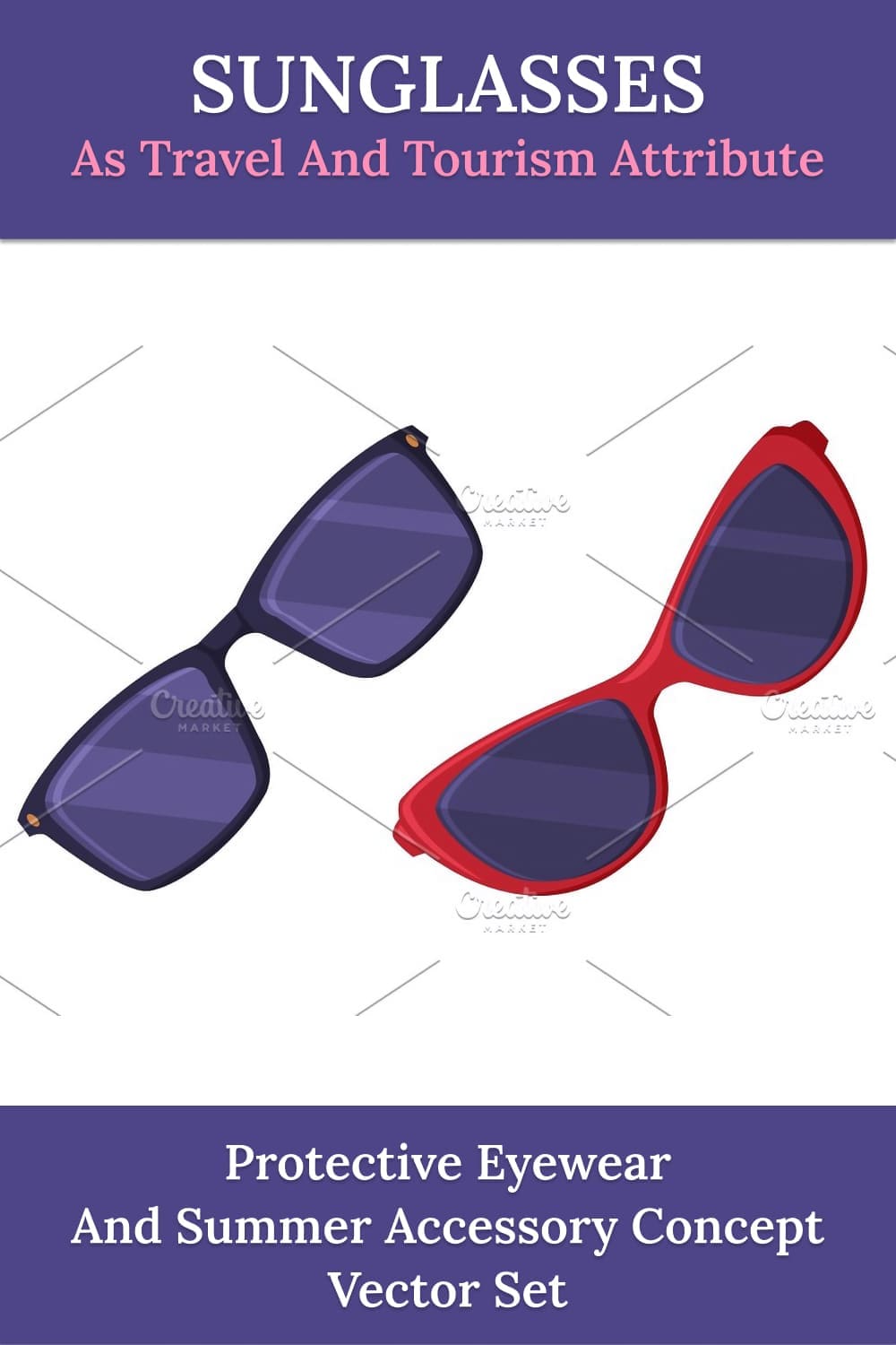 Sunglasses or shades as travel and tourism attribute vector set, picture for pinterest.