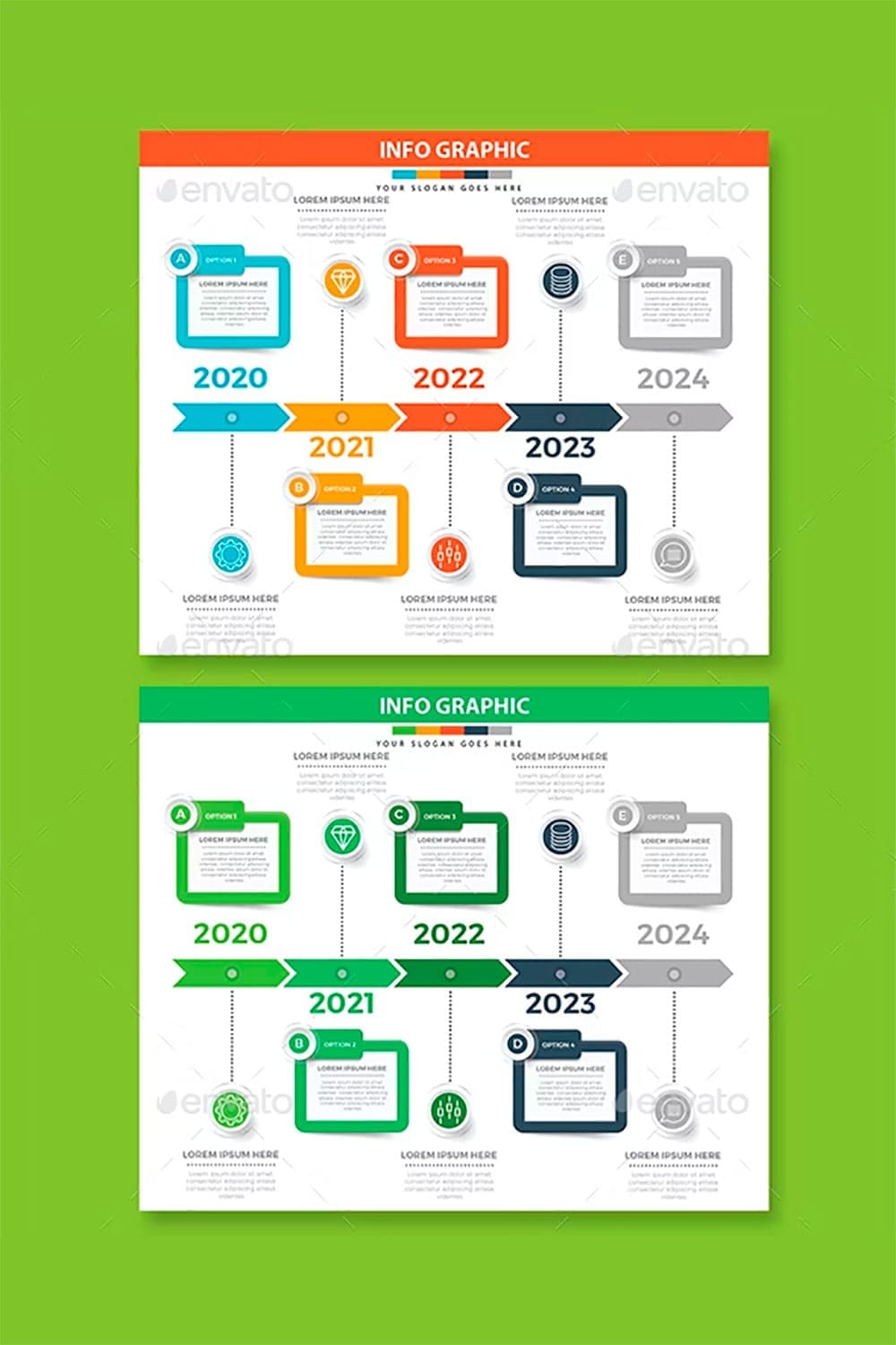 Timeline infographics design on a light green background, picture for pinterest.