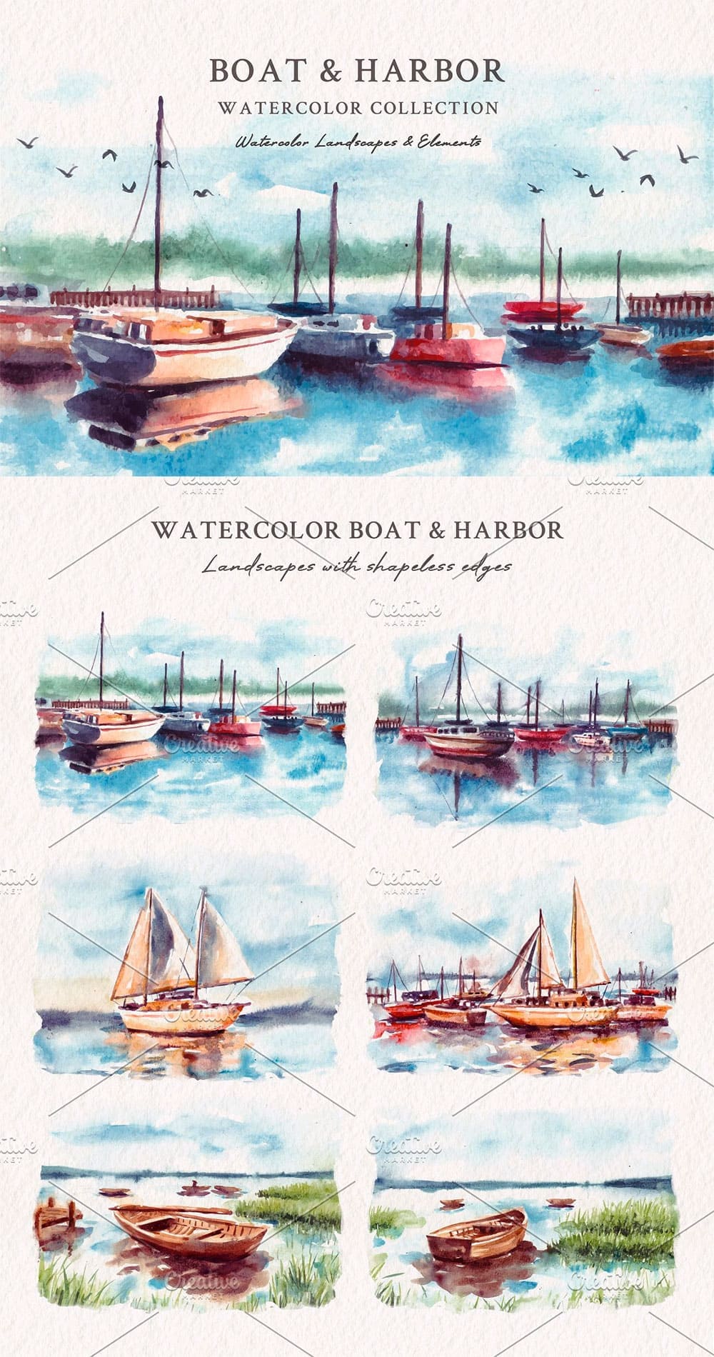 Watercolor boat harbor, picture for pinterest.