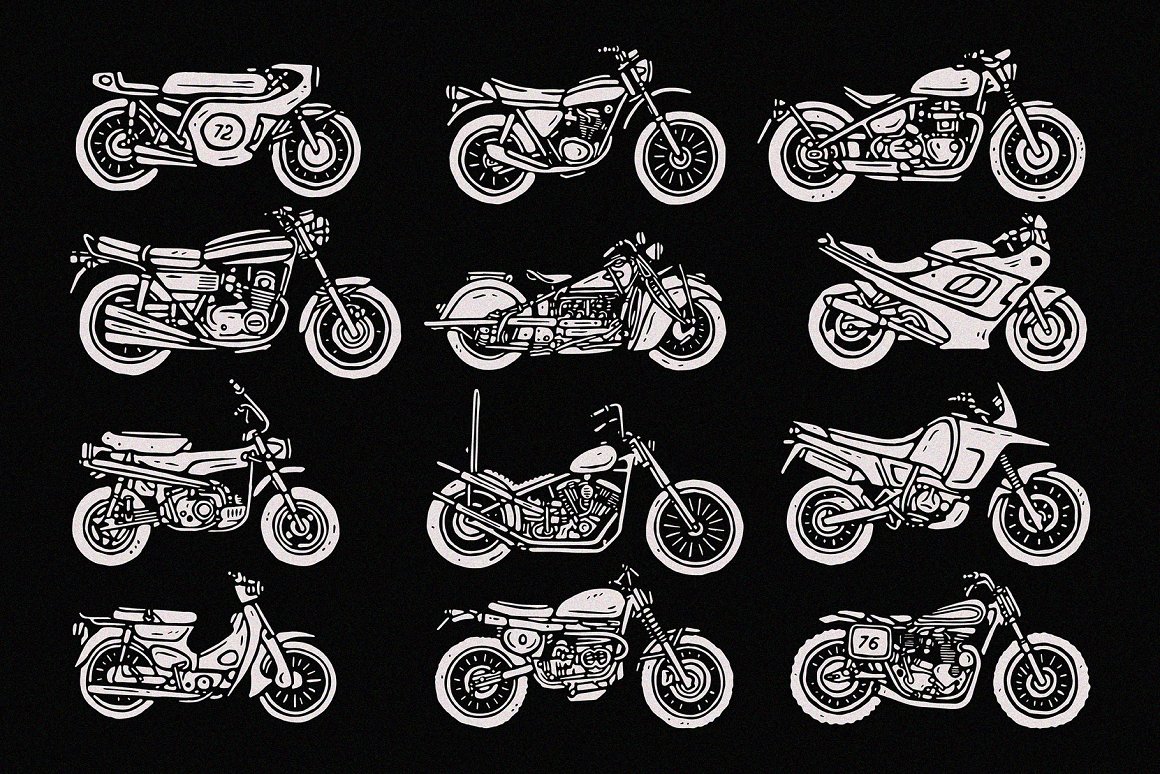 White images of retro motorcycles.