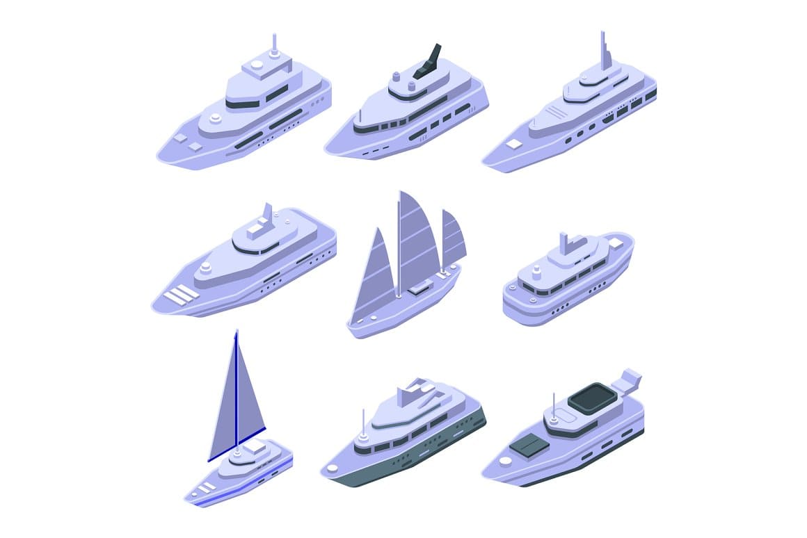 Yacht icons set isometric style.