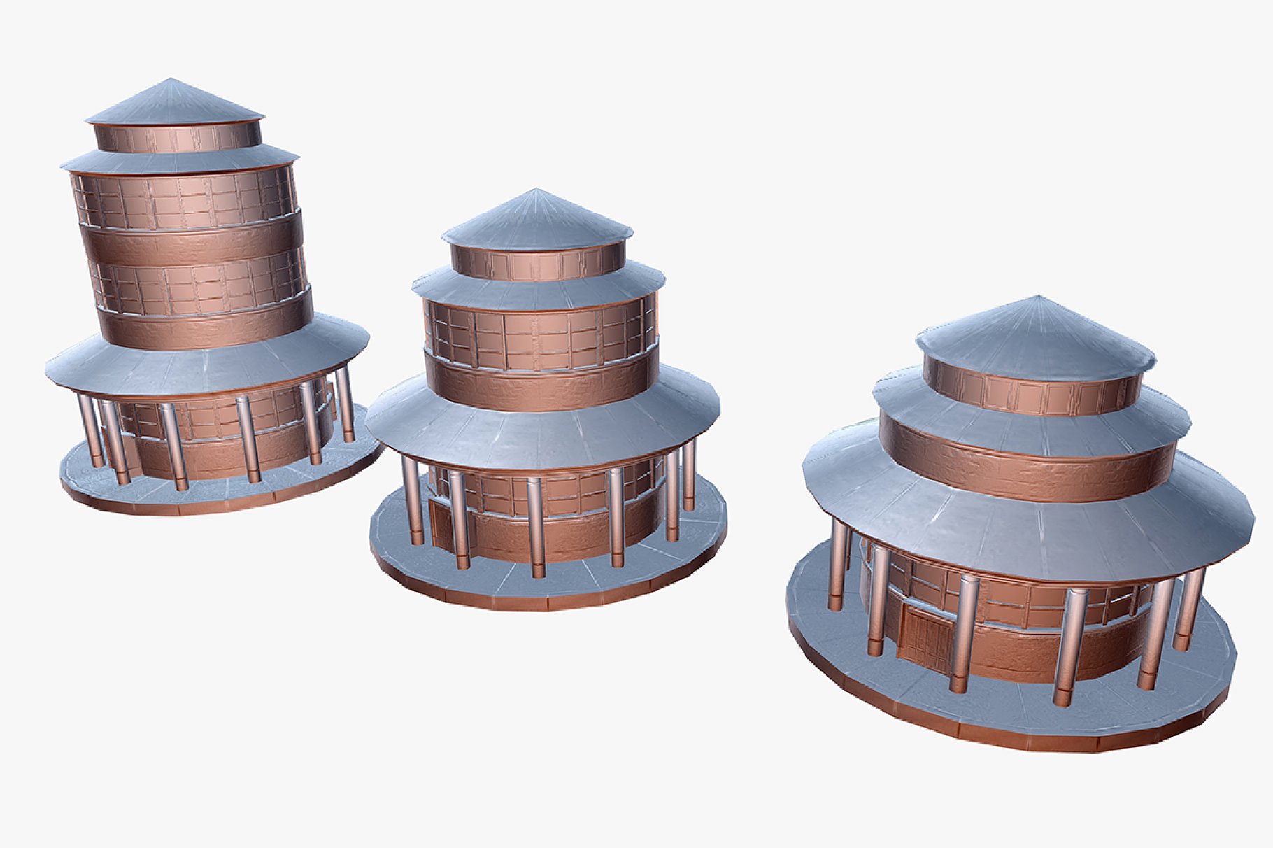 Three renderings of a round building.