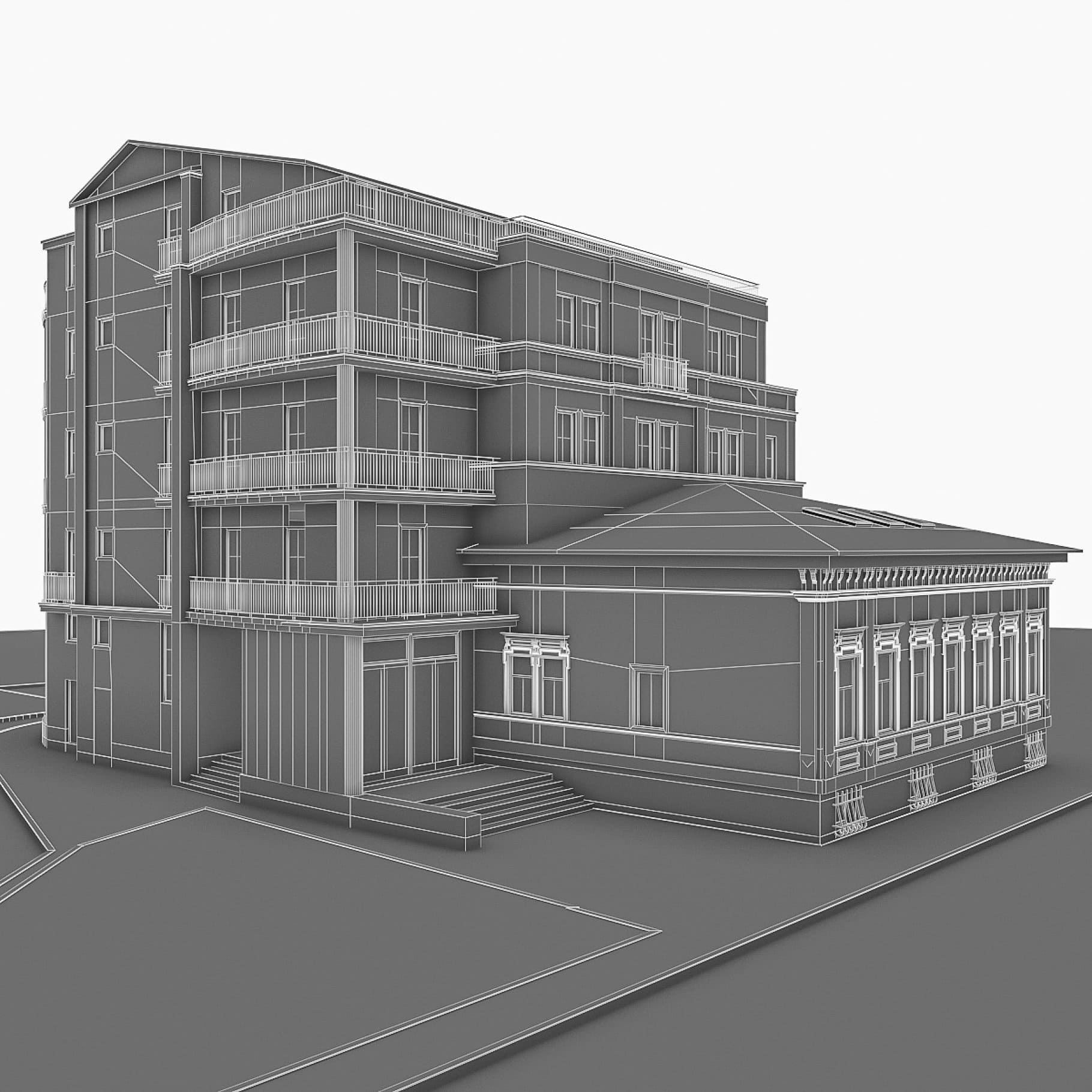 Five- and one-story buildings are drawn with lines, side view.