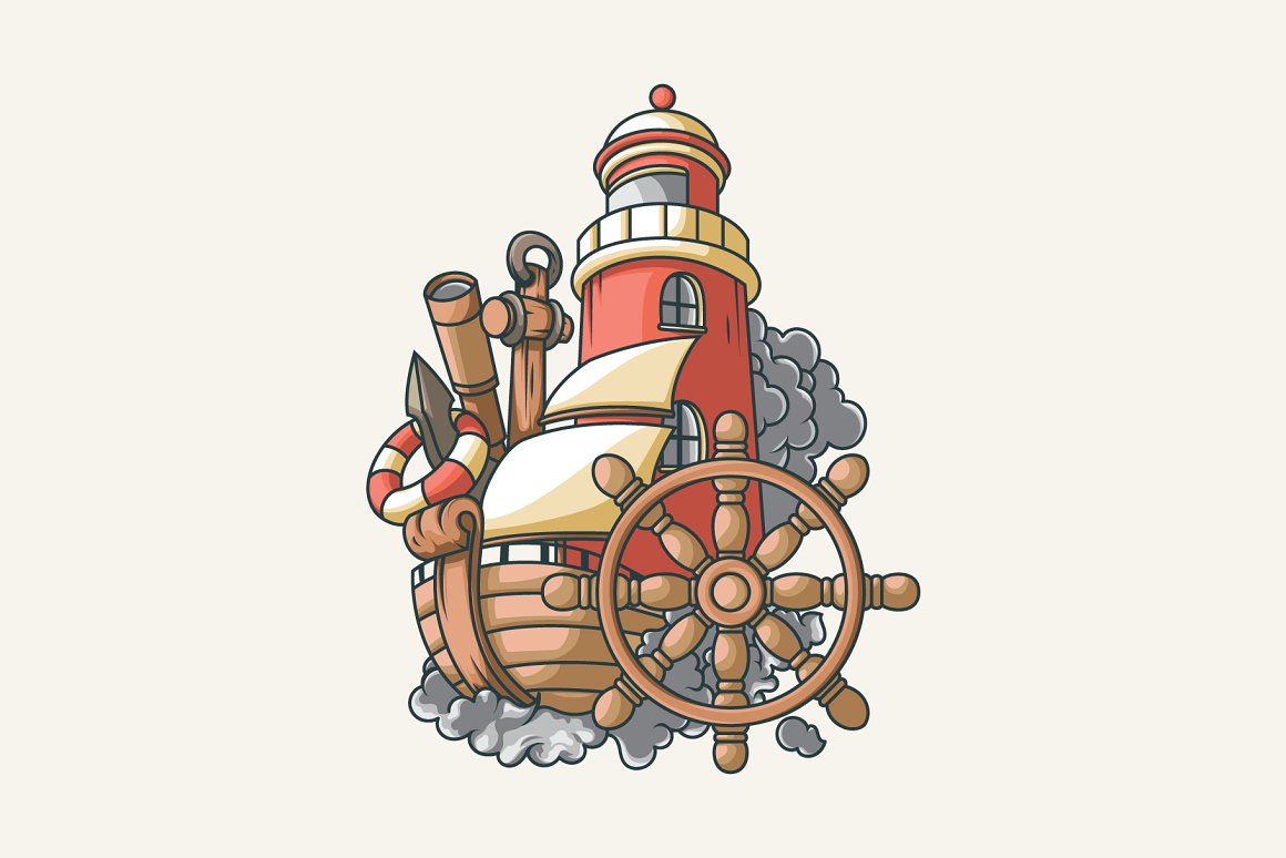 Sailboat and lighthouse illustration converted.
