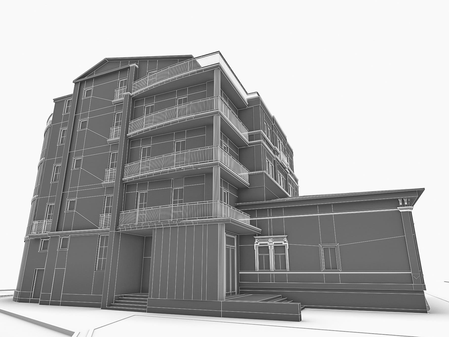 5-story drawing of a house with open balconies.