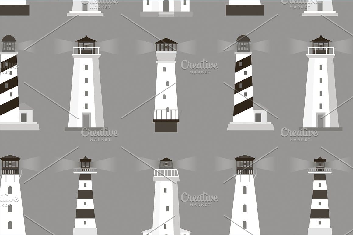 Set of lighthouses pattern on the grey background.