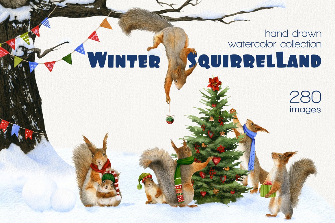 Image with branches of squirrels and Christmas trees.