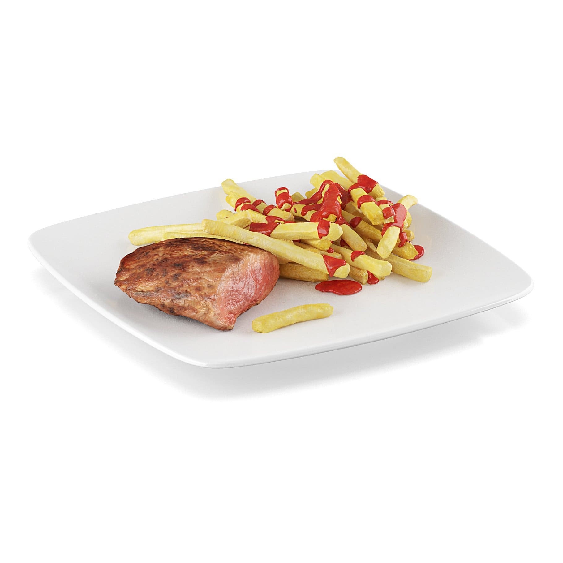 French fries and an appetizing piece of meat lie on a white plate.