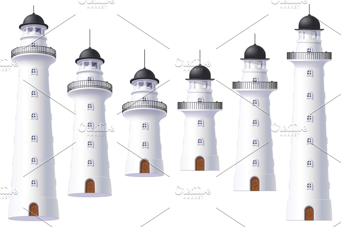 White lighthouses with dark roofs and wooden doors.