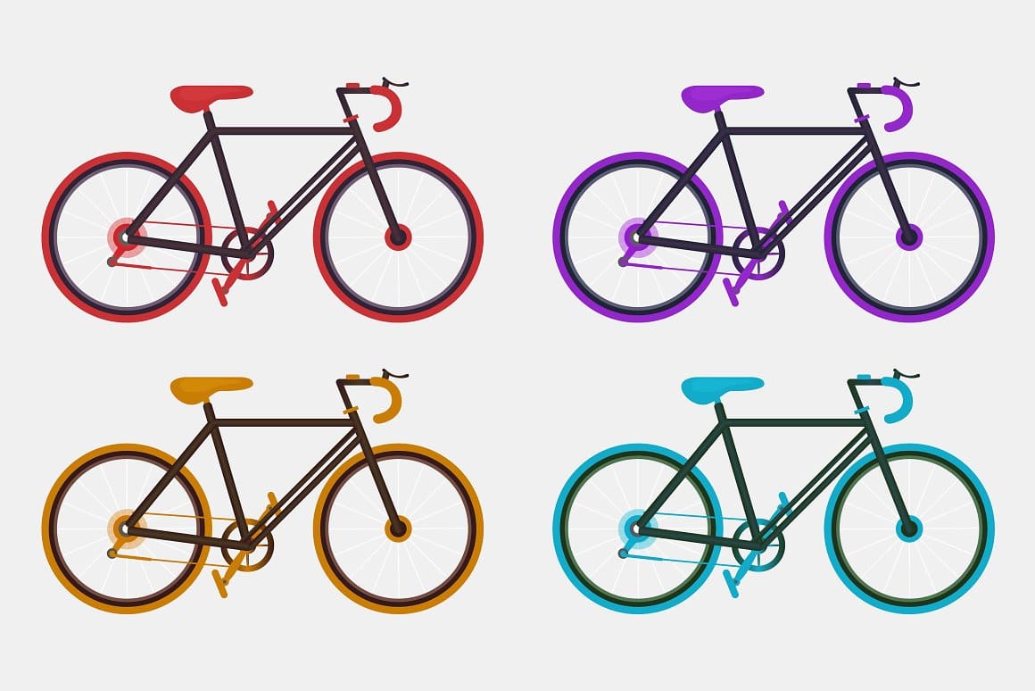Painted bicycles with colored handlebars, seats and wheels.