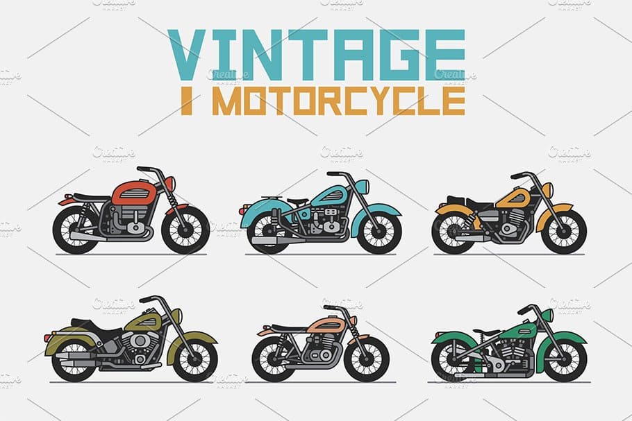 Vintage motorcycle in six variants.