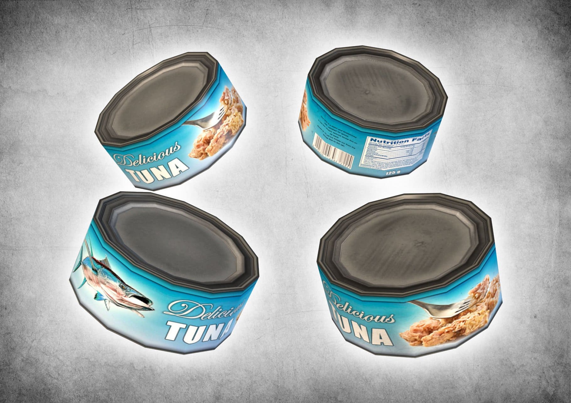 Canned tuna in four metal cans.