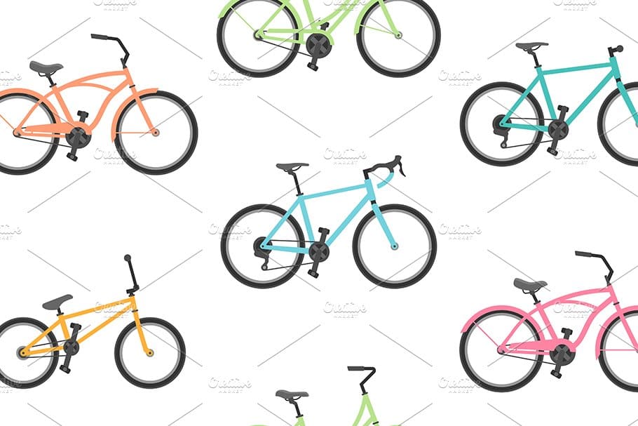 Blue, pink, yellow, orange bicycles on a white background.