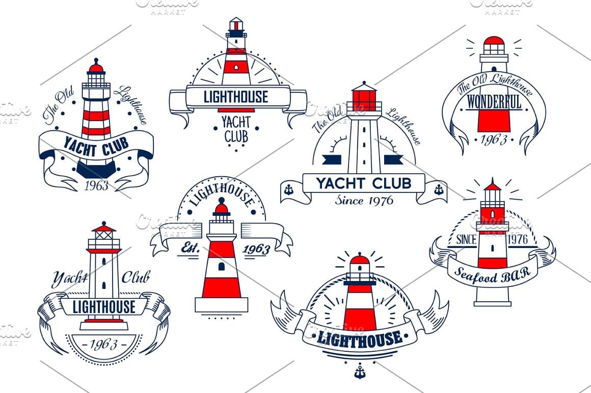 Logos of lighthouses with inscriptions about creation.