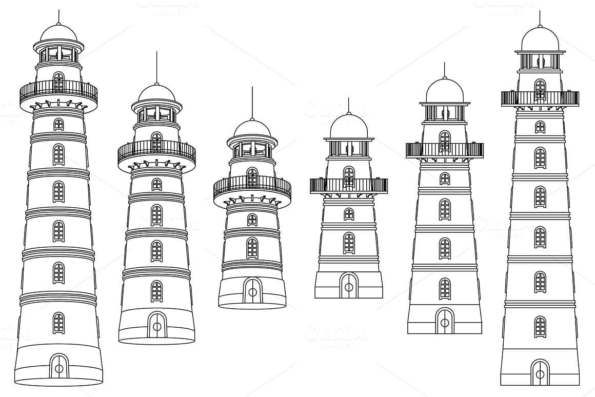 Vector Outline Lighthouse Beacon Set.