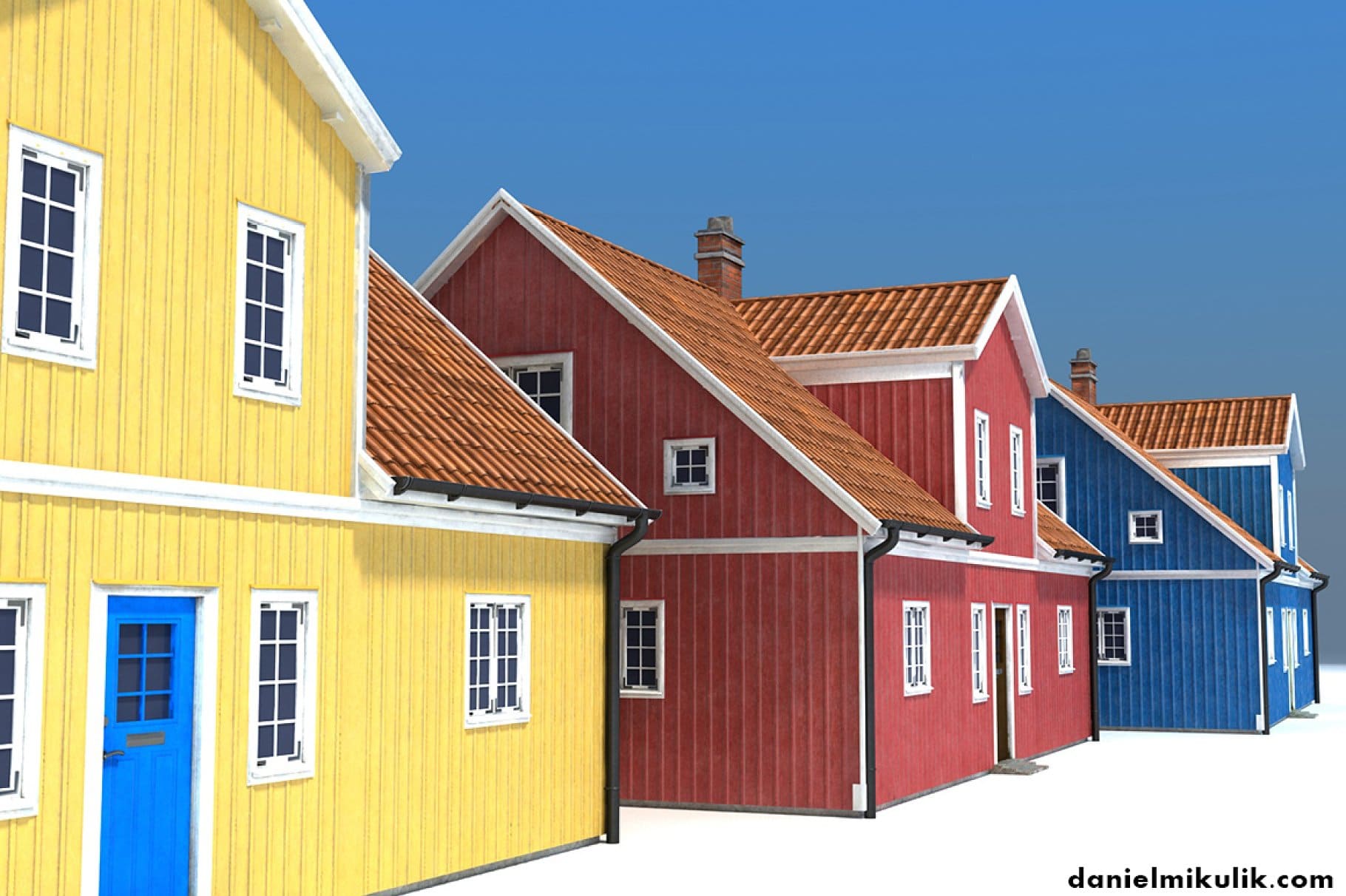 Yellow, red and blue house with brown roofs.