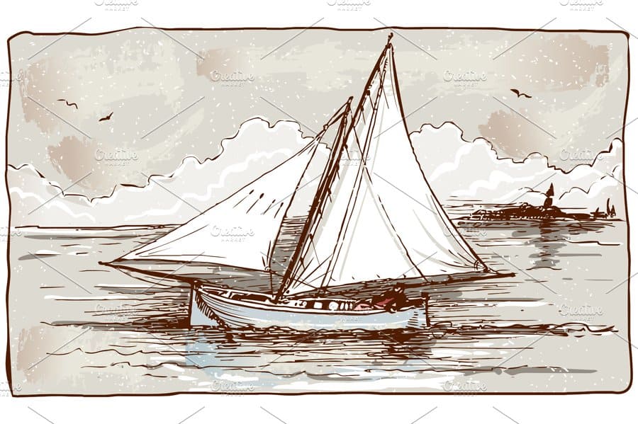 Watercolor drawing of a sailing ship.