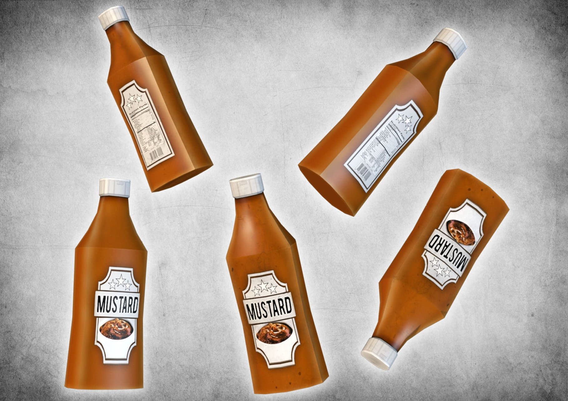 Cans of mustard in different positions on a gray background.