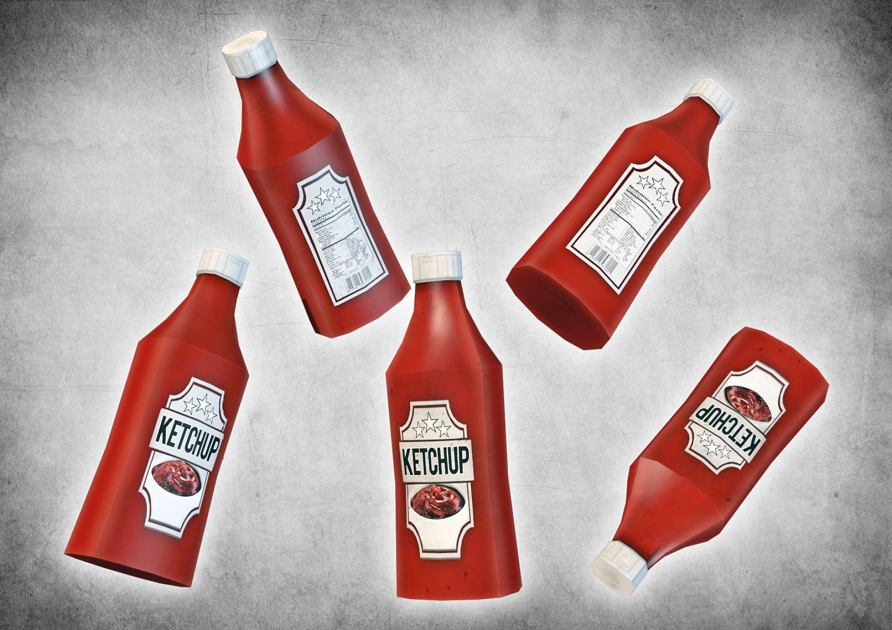 Several cans of ketchup on a gray background.