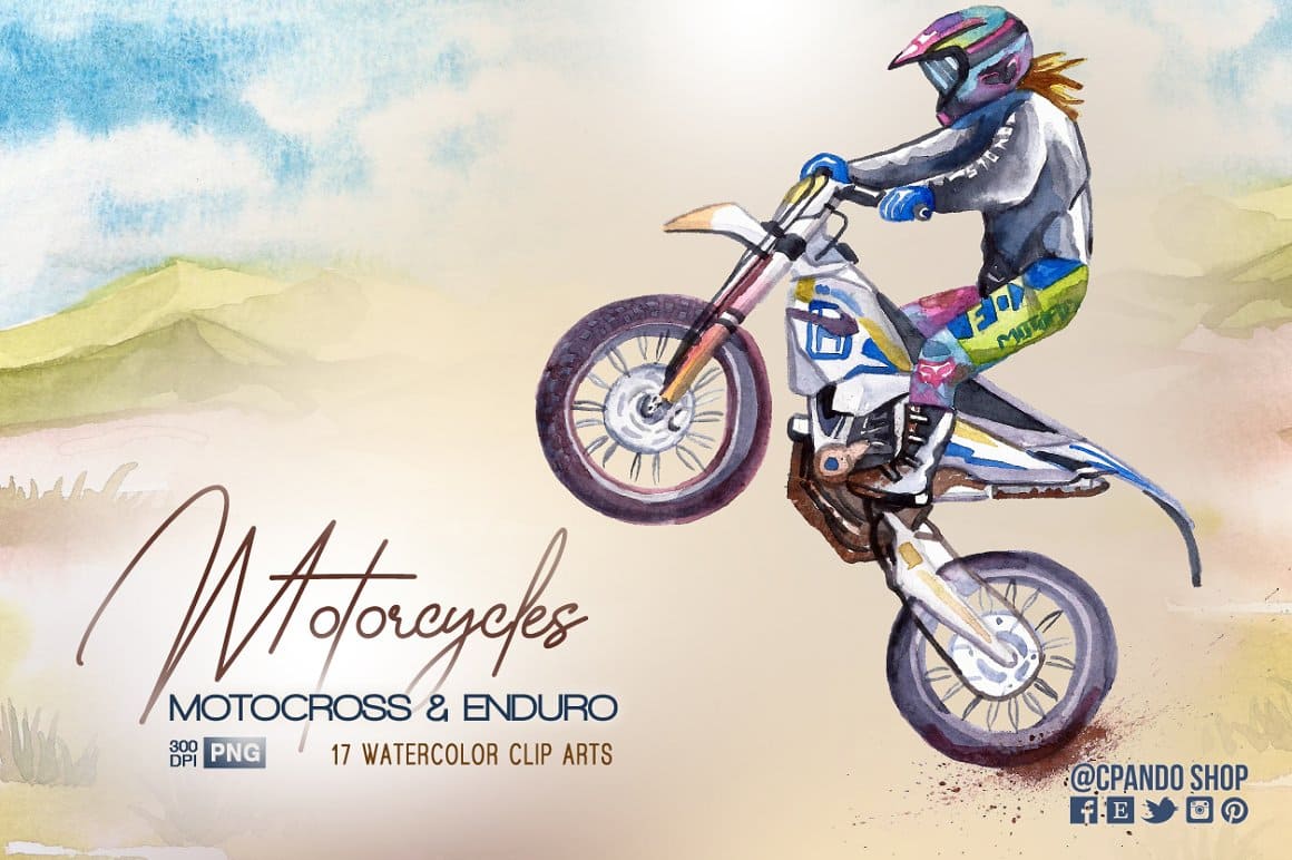 17 watercolor clipart of motorcycles, motocross and enduro.