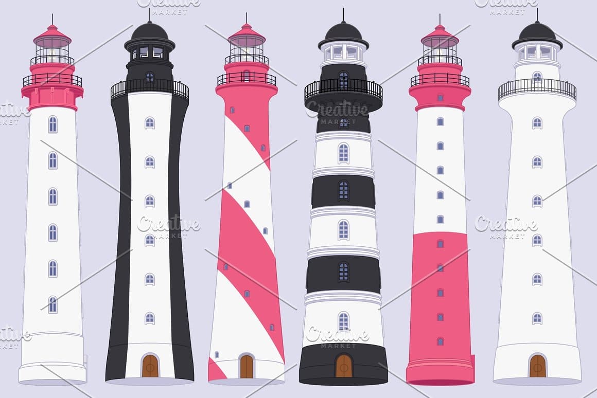 Six lighthouses of different shapes and colors.