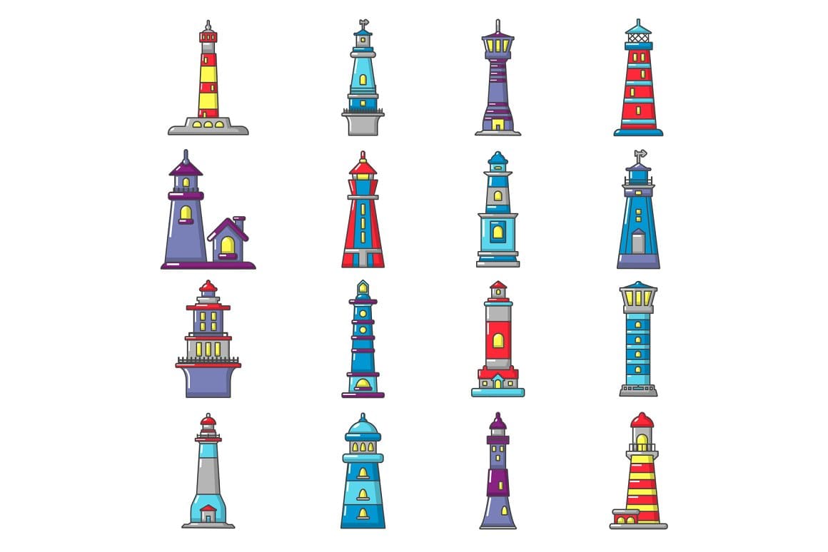 Cartoon lighthouses with light shining.