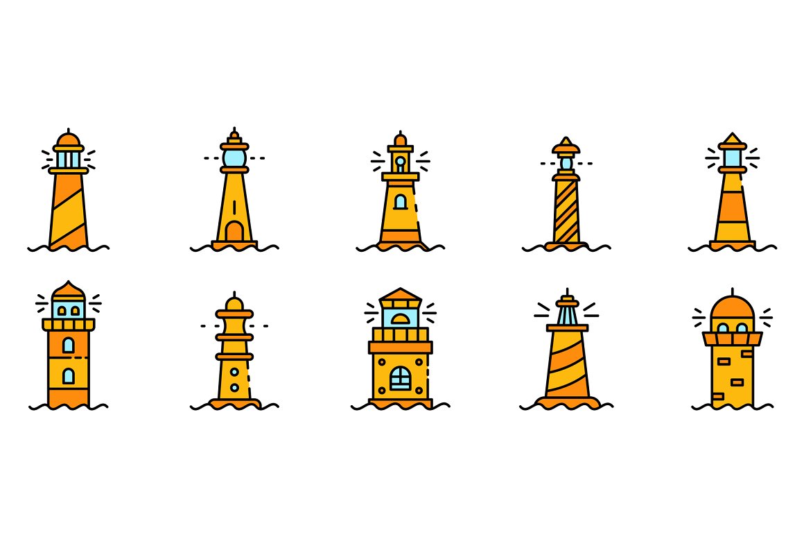 Yellow cartoon lighthouses among the waves.