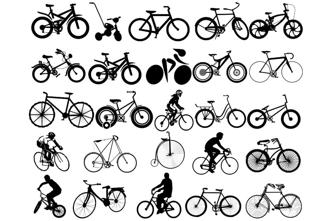 Many black silhouettes of bicycles on a white background.