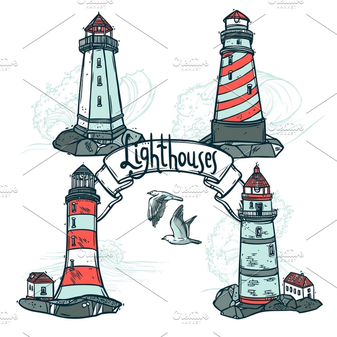 Lighthouse sketch set with seagulls and sea waves on background vector illustration.
