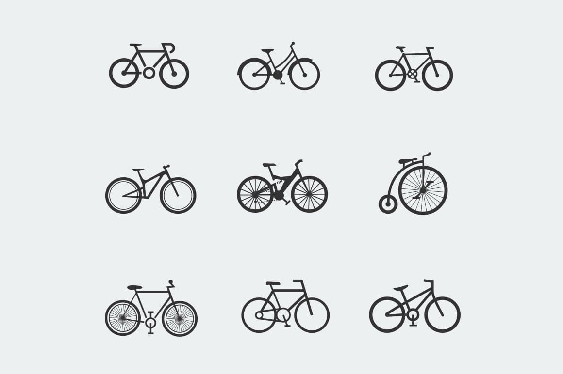 Black bicycles with wheels of different shapes on a white background.