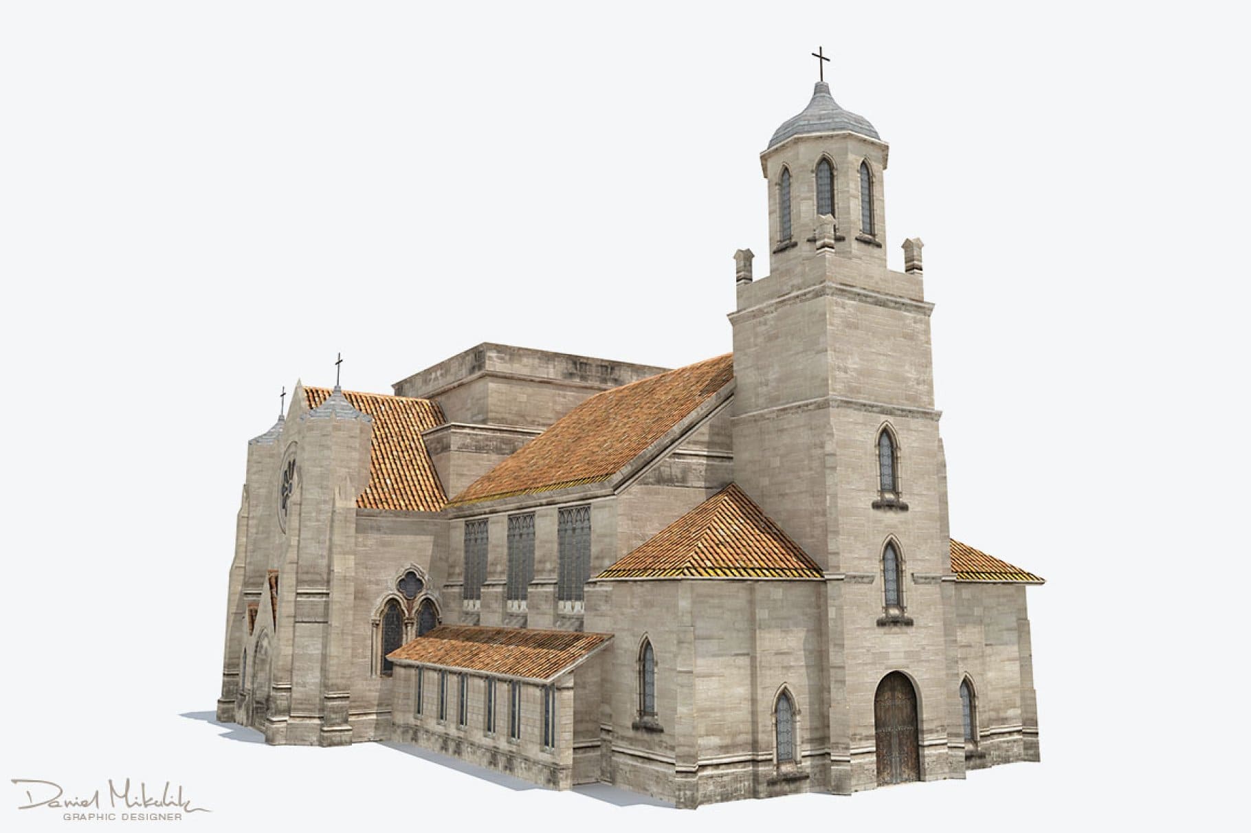 3D model of an ancient church with a tiled roof.