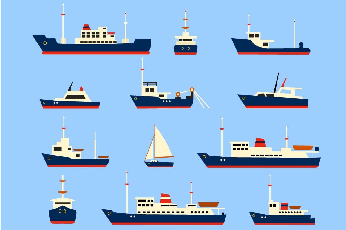 Silhouettes of various ships and yachts on the blue background.