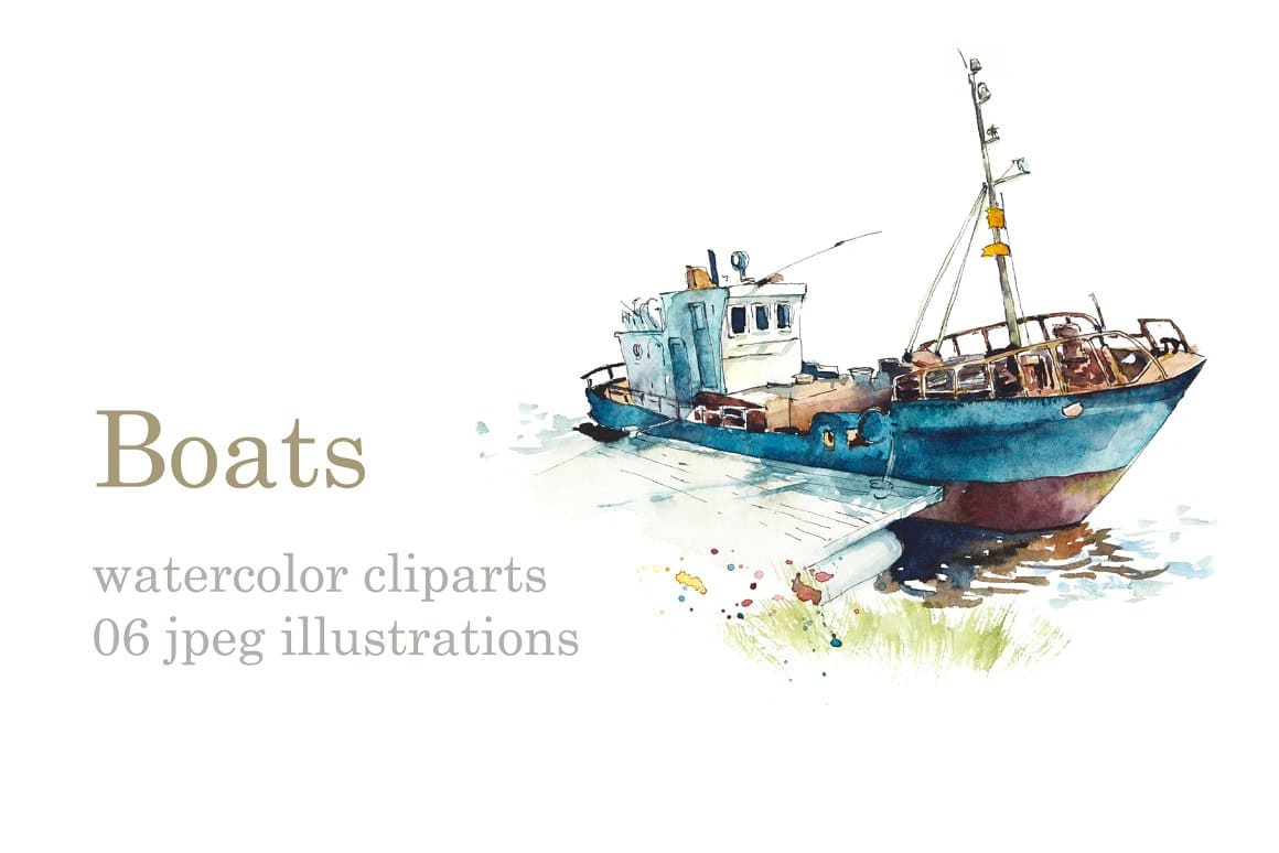 The boat is realistically reproduced with watercolor paints.