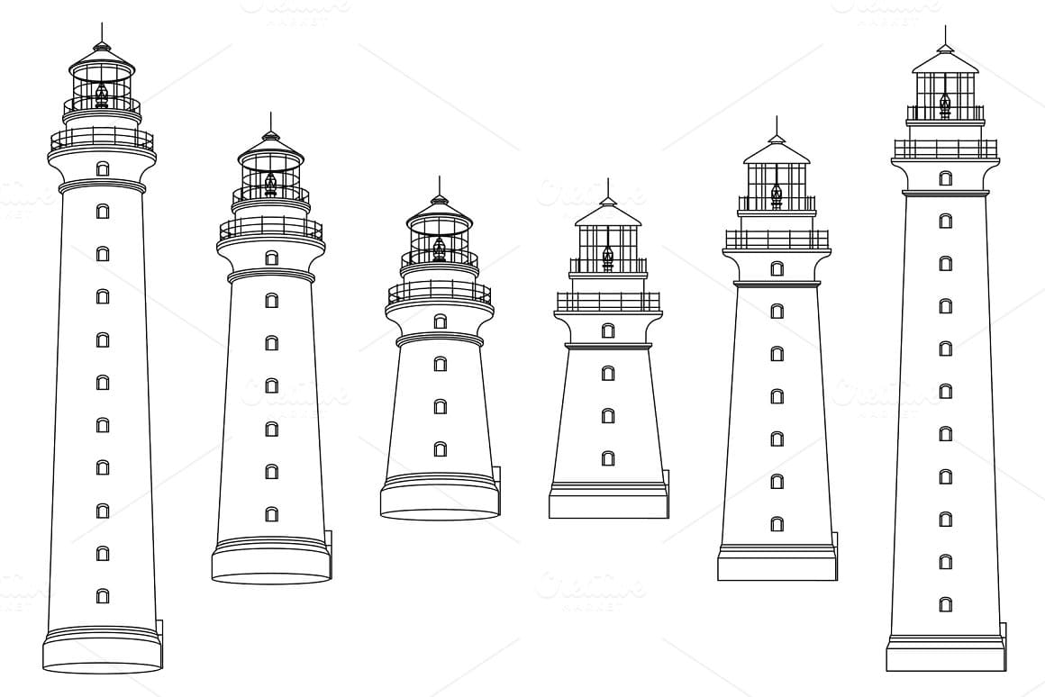 Lighthouses of different sizes with a small spire on the roof.