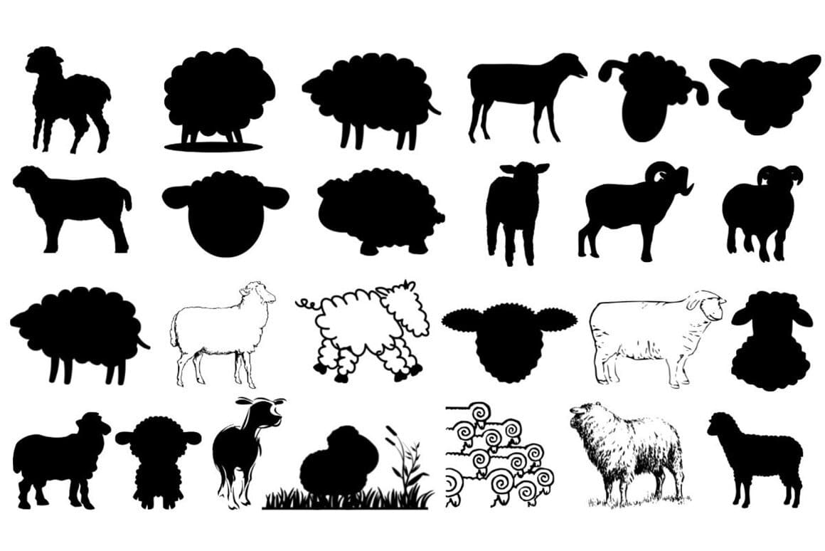 Silhouettes of black and white sheep on a white background.
