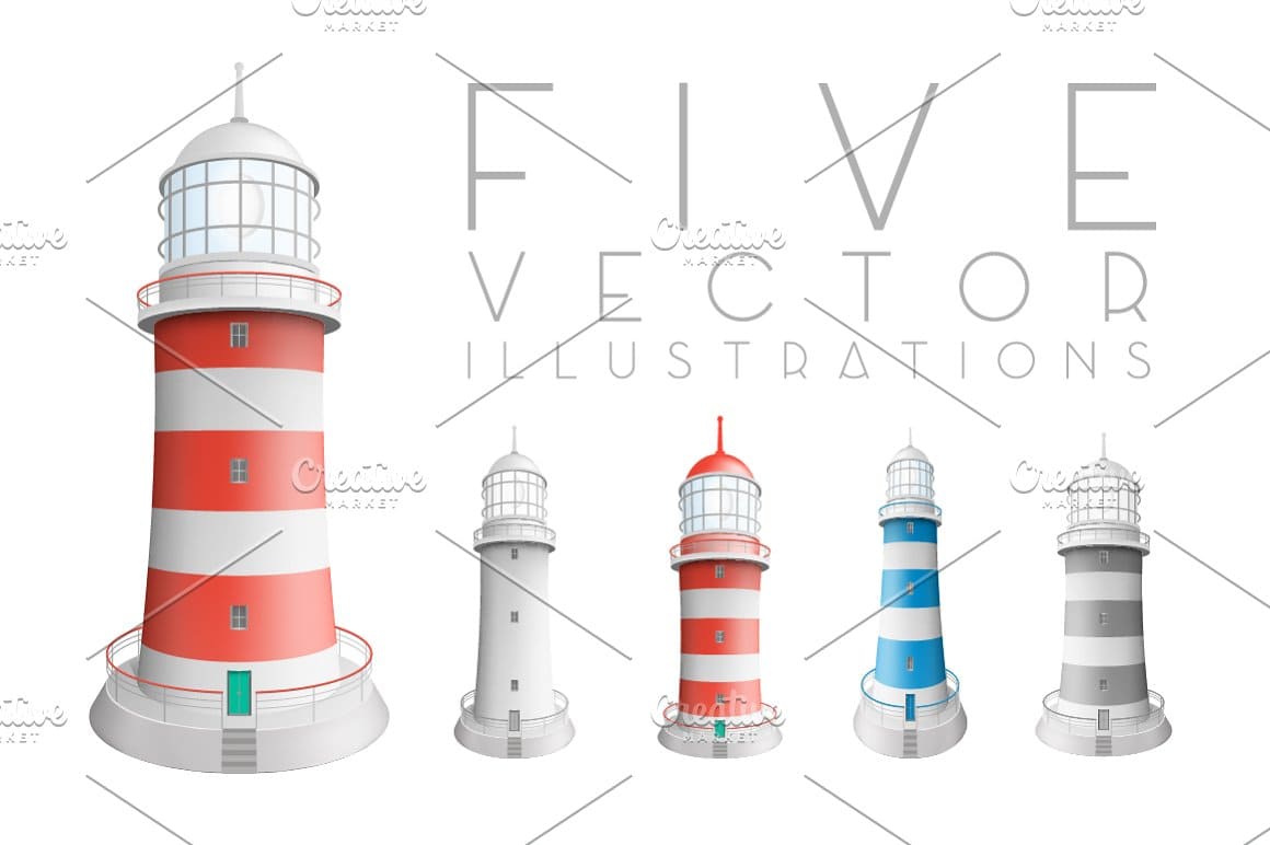 Five illustrations of lighthouses of different sizes on a white background.