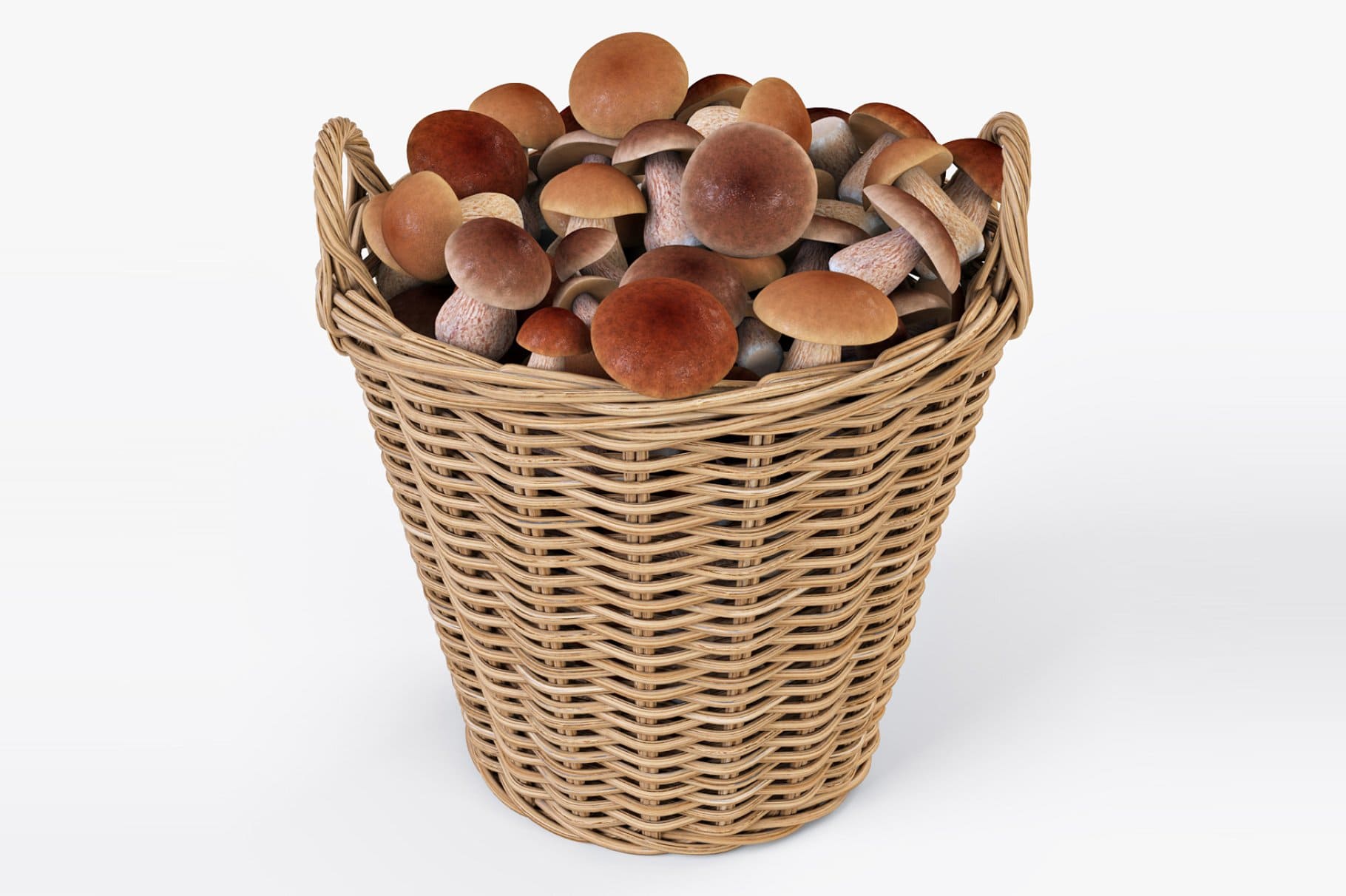 3D model of delicious mushrooms in a deep basket.